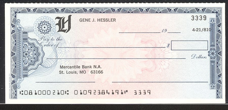 NEW - ABNC Custom-Made Engraved Check - Gene Hessler; Mercantile Bank ...