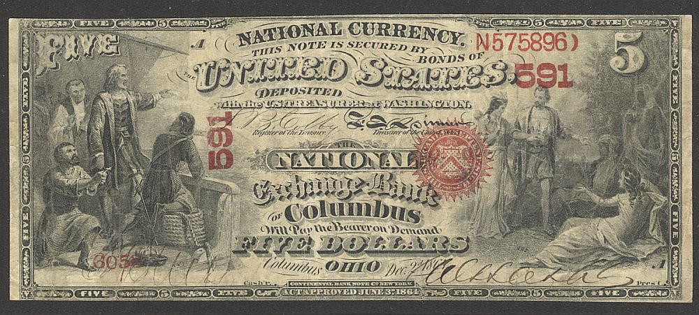 NEW - Columbus, Ohio, 1865 Original $5, Charter #591, The National ...