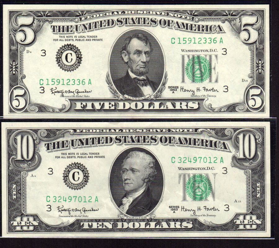 NEW - 1963A $5 & $10 FRN Pair, Very Choice AU