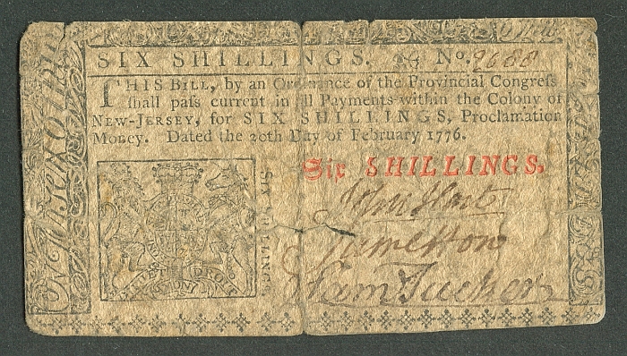 NEW - New Jersey, February 20, 1776 6 Shillings John Hart signed Note