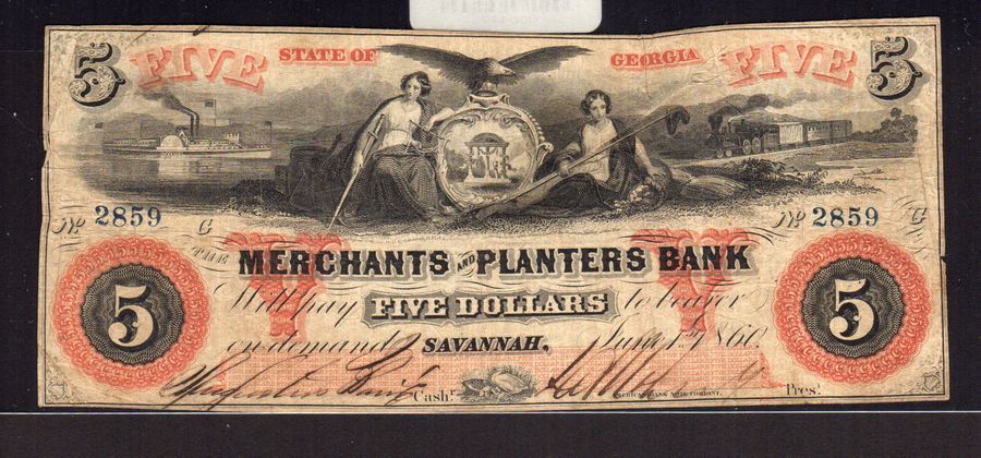 1858 GA 5 Dollar Bank Note SAVANNAH Double Signed & 